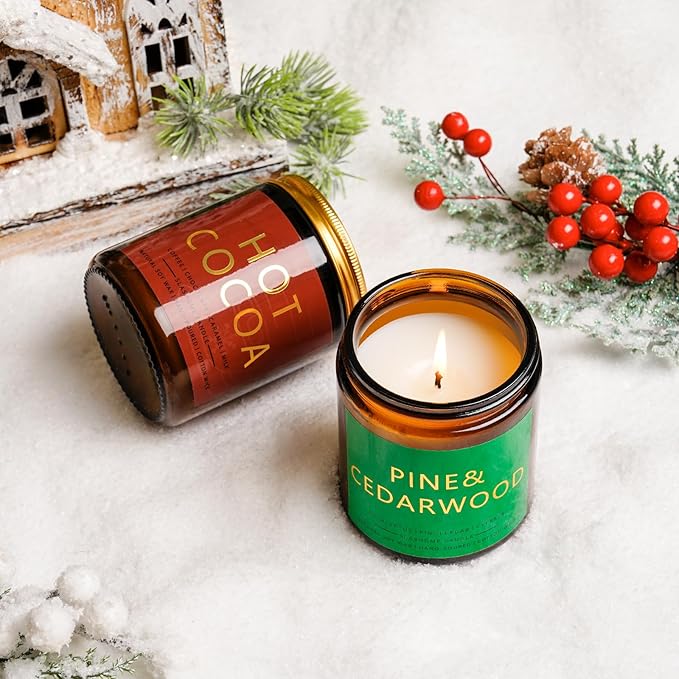 Winter Candle Gift Set, 4 Pack 7 oz Soy Scented Candles for Home, Christmas, Holiday & Birthday Gifts for Women & Men, Includes Hello Winter, Pine & Cedarwood, Hot Cocoa, and Vanilla Cupcake - Bloomnest