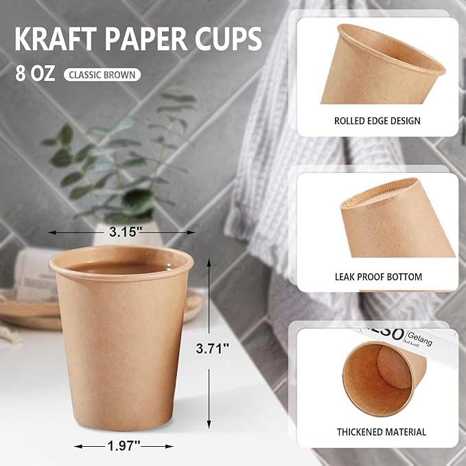 SIUQ 400 Pack 8 oz Kraft Paper Cups, Unbleached Disposable Paper Coffee Cups, Thickened Hot/Cold Beverage Drinking Cup for Party, Home, Cafes, Bistros, Businesses (Brown) - Bloomnest