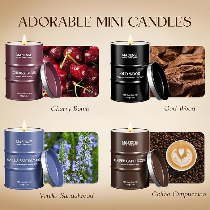 Fall Candles Set | Mini Scented Candles Gift Set | 4 Pack Candles for Home Scented Candle,Cherry Vanilla Oud Sandalwood Coffee Candle,Gift Set for Women and Men,Soy Wax 14 oz 86 Hour - Bloomnest