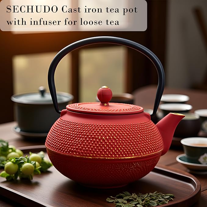 30.4oz Small Cast Iron Teapot, Tea Kettle for Stovetop Safe Coated with Enameled Interior, Red Japanese Tetsubin, Tea Pot with Stainless Steel Infuser for Loose Tea(900ml) - Bloomnest