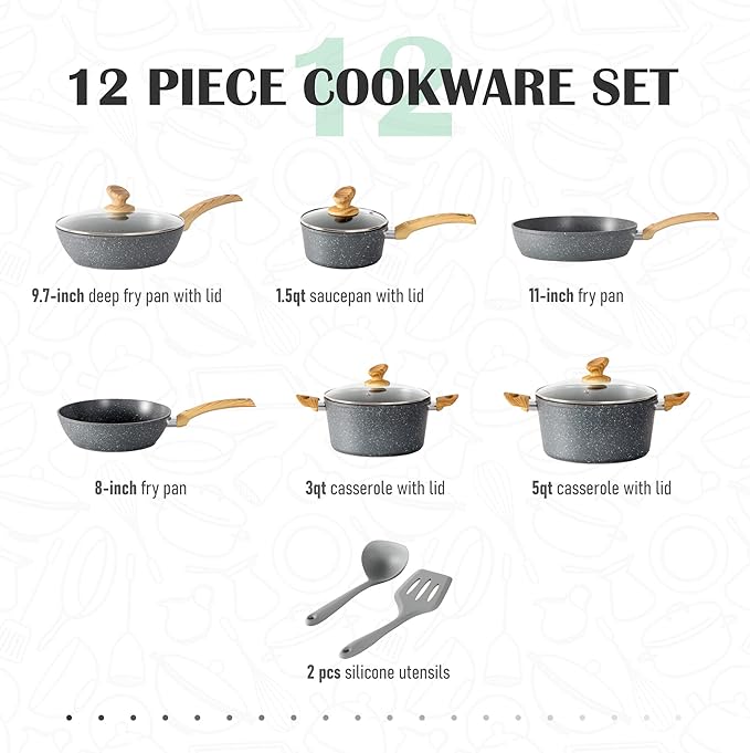 MAISON ARTS Pots and Pans Set Non Stick, 12 Piece Grey Granite Kitchen Cookware Induction Compatible, Pot and Pan Sets for Cooking Nonstick - Bloomnest