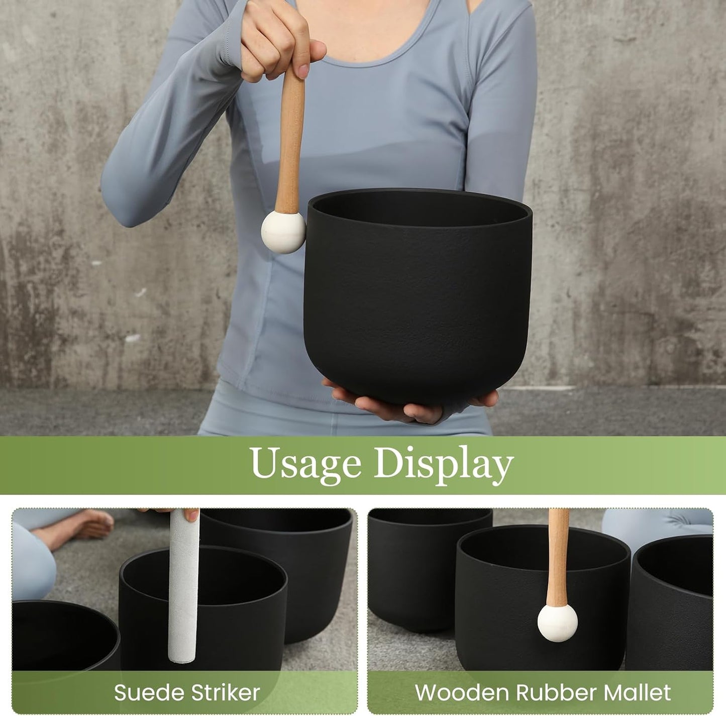 432HZ 7-11 Inch 3 Pcs Black Frosted Crystal Singing Bowl Set for Meditation Healing Yoga Chakra Quartz Crystal Sound Bowls with Heavy Duty Carry Cases and Rubber Mallet,Suede Striker,O-rings