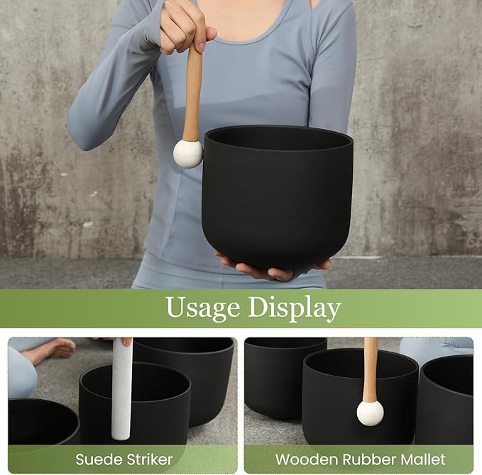 432HZ 7-11 Inch 3 Pcs Black Frosted Crystal Singing Bowl Set for Meditation Healing Yoga Chakra Quartz Crystal Sound Bowls with Heavy Duty Carry Cases and Rubber Mallet,Suede Striker,O-rings - Bloomnest