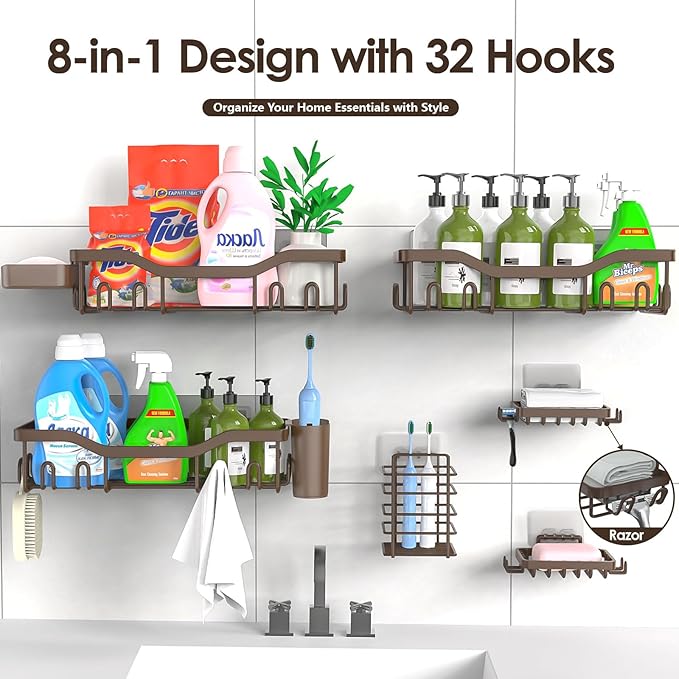 Shower Caddy Adhesive Shower Organizer 8-Pack, Rustproof Stainless Steel Bathroom Shelves, Large Capacity No-Drill Rack Storage Accessories with Soap Dish Toothbrush Holder Hooks - Bloomnest