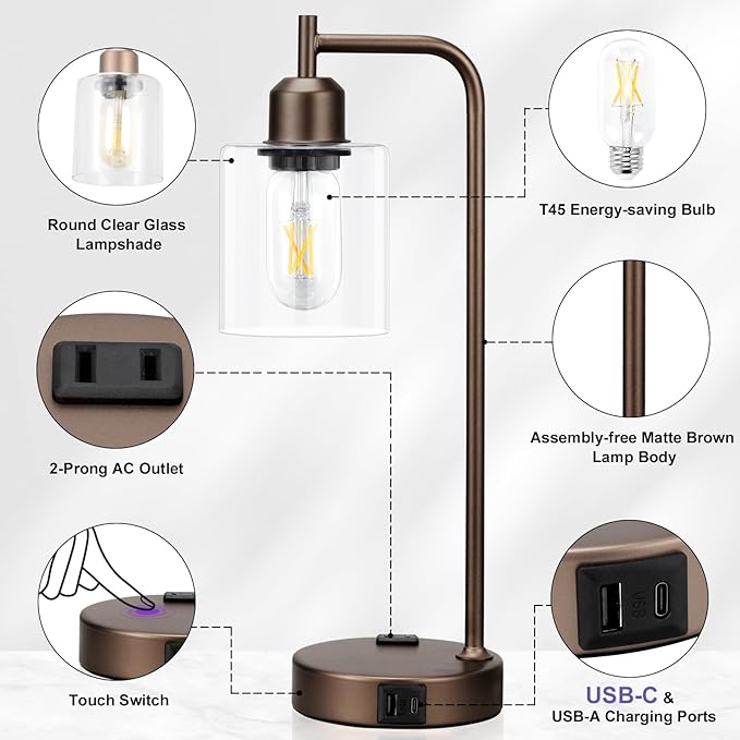 Innqoo Industrial Touch Table Lamps for Bedrooms Set of 2-3-Way Dimmable Lamps with USB C+A Ports and Outlet, Brown Bedside Lamps with Clear Glass Shade for Living Room, Desk Lamps for Home Office - Bloomnest