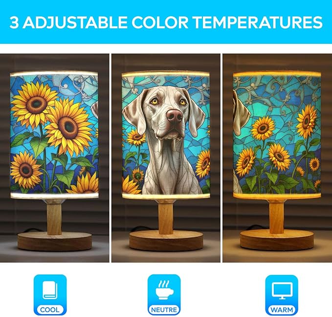 Weimaraner Table Lamp LED 3-Color Pressed Bedside, Dog Shade Lamp with Wood Base for Bedroom Living Room Desk Office - Bloomnest