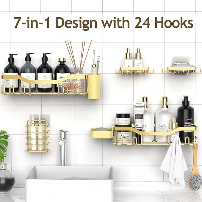 Shower Caddy Adhesive Shower Organizer 7-Pack, Rustproof Stainless Steel Bathroom Shelves, Large Capacity No-Drill Rack Storage Accessories with Soap Dish Toothbrush Holder Hooks - Bloomnest