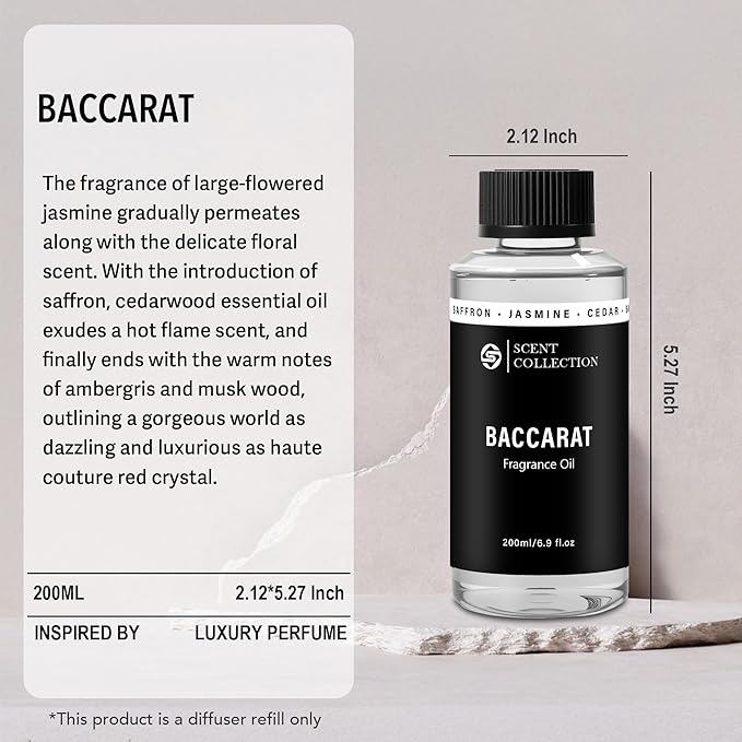 Luxury Hotel Scent Baccarat Diffuser Oil Waterless Essential Aromatherapy for Cold Air & Car Diffusers – Long Lasting Refill for Large Room & Home - Signature Saffron Cedar(200ml/6.76Fl oz) - Bloomnest