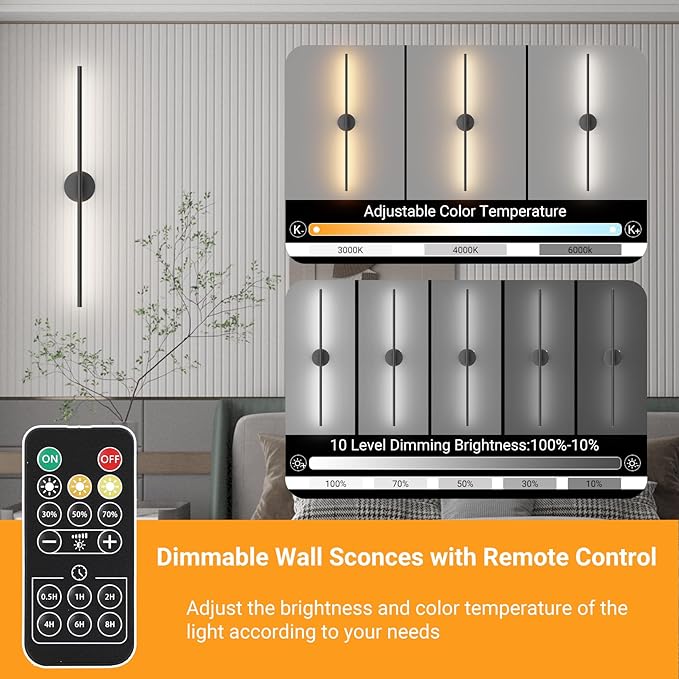 Tipace Battery Operated Wall Sconces Set of 2,360°Rotation Rechargeable Wall Lights:Dimmable Detachable Wall Lamp with Remote Control,3000K-6000K Infinite Dimming Wall Sconce 32.7 Inch - Bloomnest