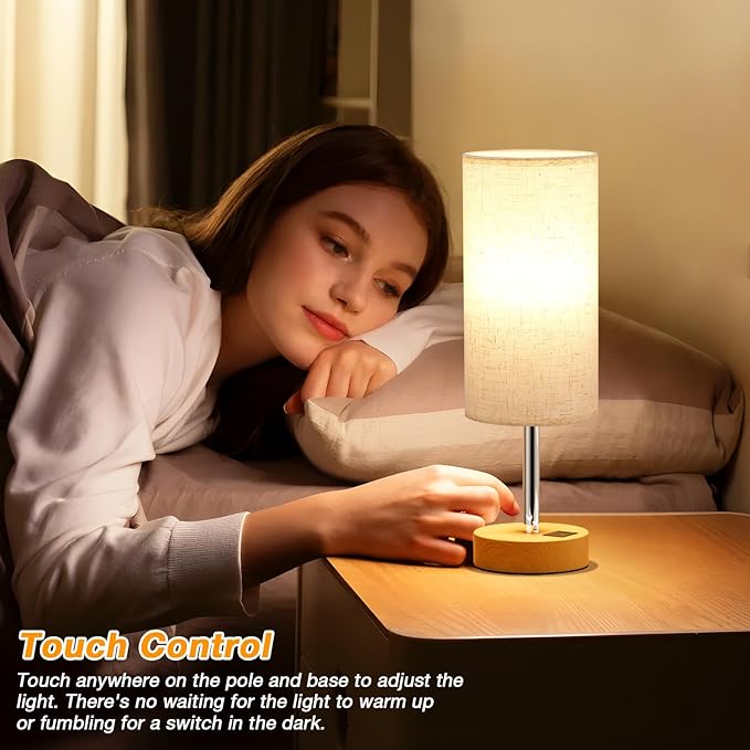 Touch Bedside Lamps Set of 2 - 3 Way Dimmable Table Lamps for Bedroom, Nightstand Lamp with Wooden Charging Station for Kids Room Dorm, Small Desk Lamp for Living Room, Office, Kids Room, Nursery - Bloomnest
