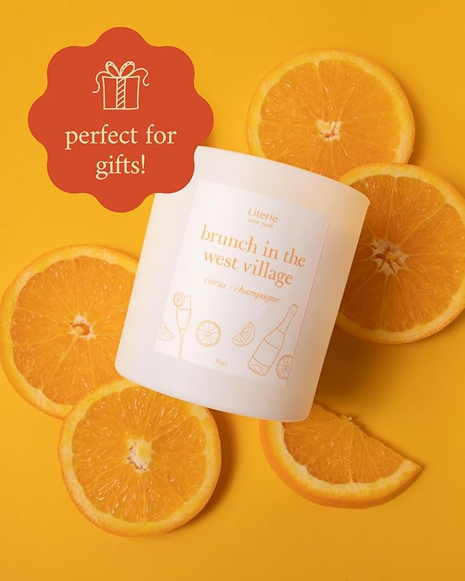 Literie NYC Inspired Scented Candle: Brunch in The West Village - Citrus & Champagne, 9oz, 50 Hour Burn, Vegan Soy & Coconut Blend Candle for Home Decor, Gift for Women & Men - Bloomnest