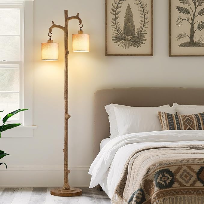 Rustic Floor Lamp for Living Room - Newly Upgraded Heavy-Duty Resin Base Farmhouse Floor Lamp with 2 Country Vintage Reading Light - Standing Lamps for Bedroom Office Home Decor (Brown, 2 Bulbs) - Bloomnest
