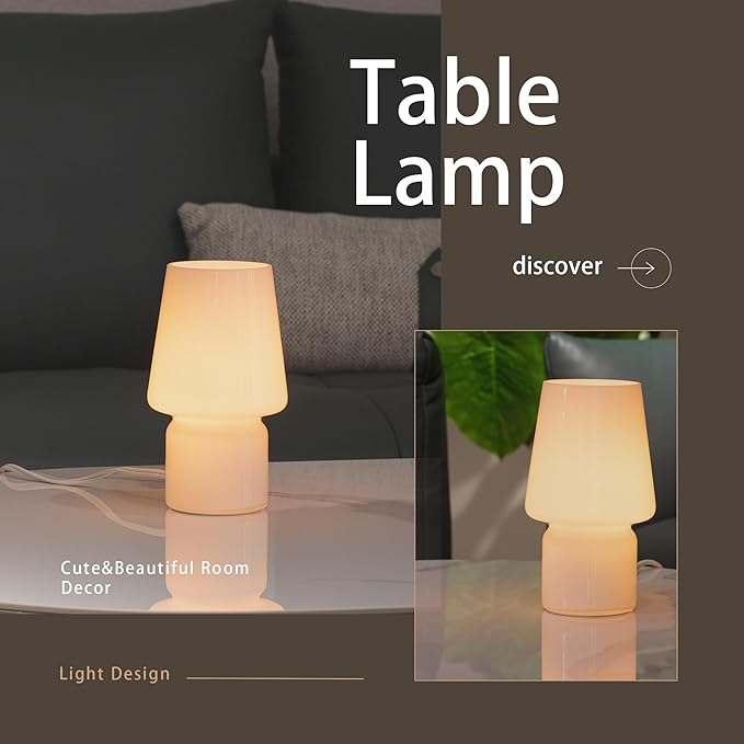 Mushroom Lamp,Mother's Day Gifts,Small Table Lamp,Cute Nightstand Kitchen Mini Lamp,Glass Table Lamp,Suitable for Bedrooms, Kitchens, Living Rooms, Bedside, Girl Gifts（White） - Bloomnest