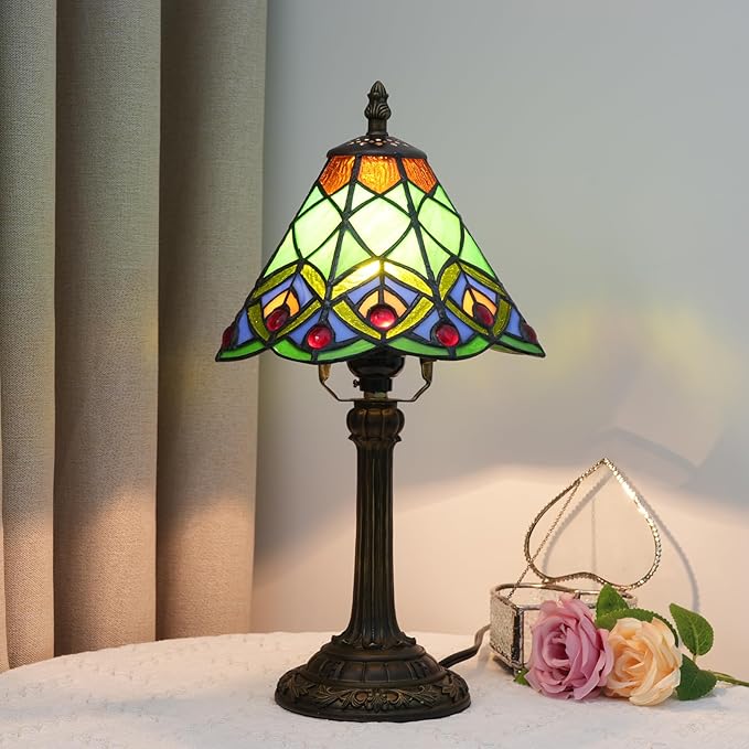 8 Inch Tiffany Style Stained Glass Table Lamp, Peacock Feather Pattern Retro Style Design, Suitable for Bedroom Bedside Lamp Office Study and Other Home Art Decoration (Green) - Bloomnest