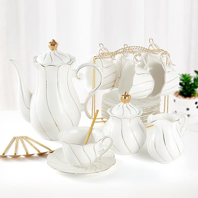 DUJUST 22 pcs White Porcelain Tea Set for 6, Luxury British Style Tea/Coffee Cup Set with Golden Trim, Beautiful Tea Set for Women, Tea Party Set, Gift Package (With a Stand) - Bloomnest