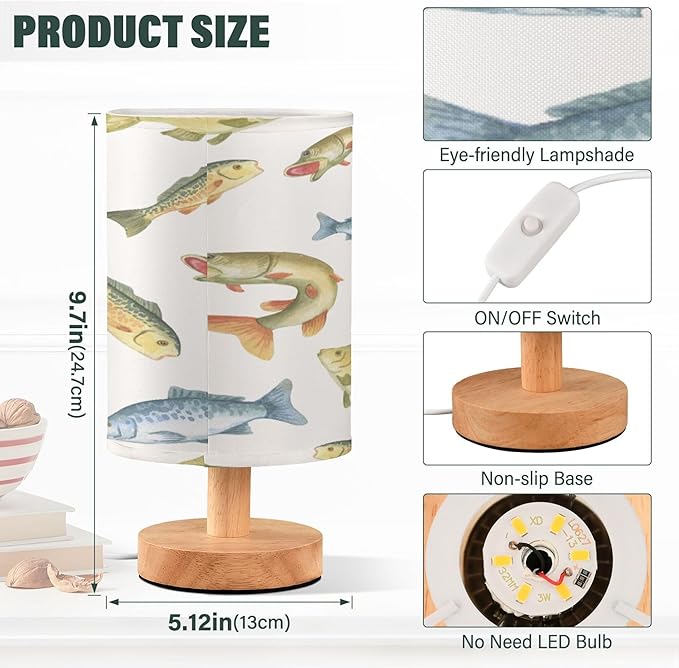Fishing Watercolor Animal LED Table Lamp with USB Port Night Light Bedroom Lamps for Nightstand Living Room Dorm Home Office Desk - Bloomnest