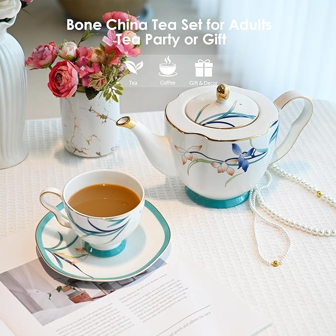 ACMLIFE Tea Cups and Saucers for 1, Bone China Teacup Set for Adults with Gold Trim and Gift Box, Blue and White Chinese English British Wedding Tea Set for One Coffee Cup Set 6.8 oz (Blue-Bamboo) - Bloomnest