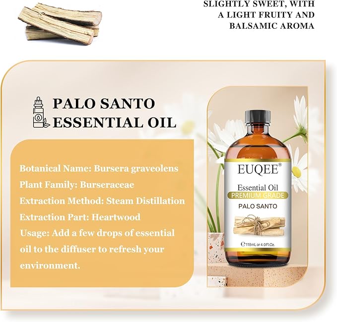 EUQEE Palo Santo Essential Oil 118mL Pure Palo Santo Oil Premium Essential Oil with Glass Dropper for Diffuser, Soap Candle Making - 4Fl. Oz - Bloomnest