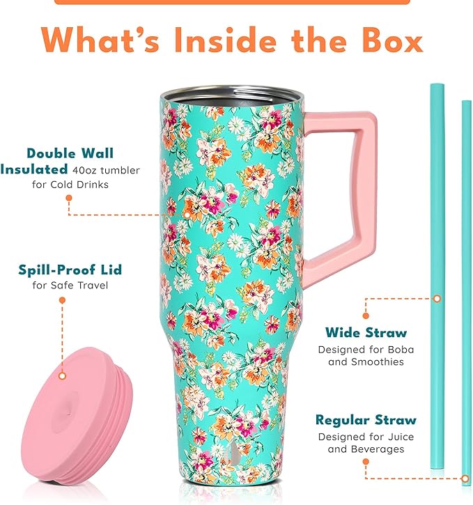 Elemental 40 oz Tumbler with Handle and Straw - Spill Proof Insulated Stainless Steel Commuter for Hot and Cold Beverages - Travel Coffee Mug with 2 Straws & Spill Proof Lid - 40oz - Vintage Flower - Bloomnest