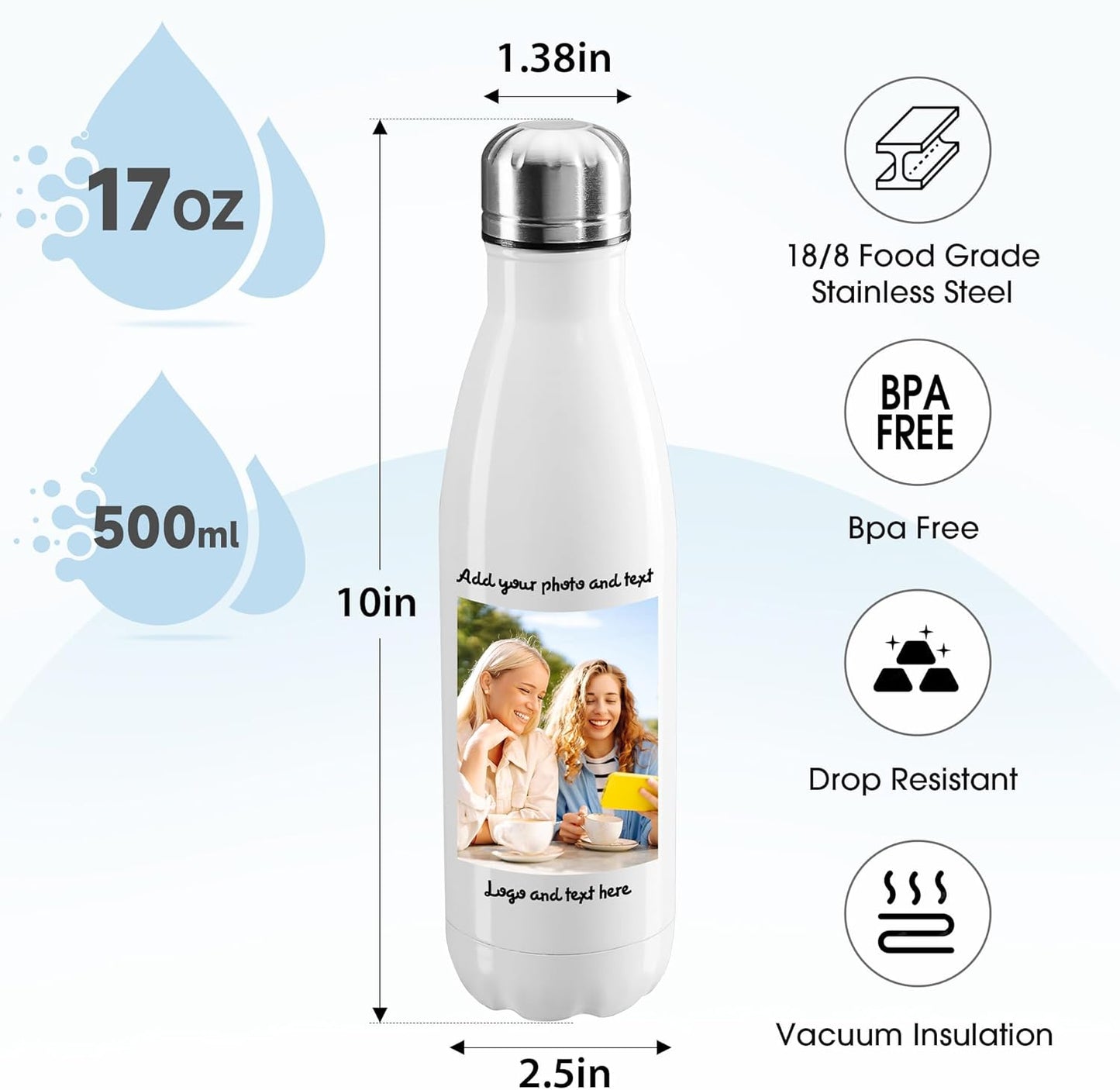 25 Pack USA Custom Water Bottle, 17oz Personalized Sport Water Tumbler, Stainless Steel Material, Leak-Proof, insulation, Customizabne Name, Suitable for Travel Holiday Gift for Women