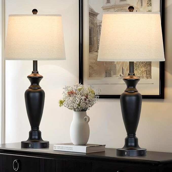 30" Tall Table Lamps Set of 2, Touch Control Bedside Lamp with USB A+C Ports and AC Outlet, 3-Way Dimmable Modern Metal Nightstand Lamp for Bedroom Living Room, 2 LED Bulbs Included, Black - Bloomnest
