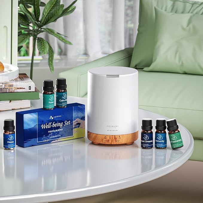 ASAKUKI Essential Oil Diffuser, Aromatherapy Cool Mist Home Humidifier with 7 LED Color Changing Light and Auto-Off Safety Switch, 6 Essential Oils Set, 300ml (Brown with Oils) - Bloomnest