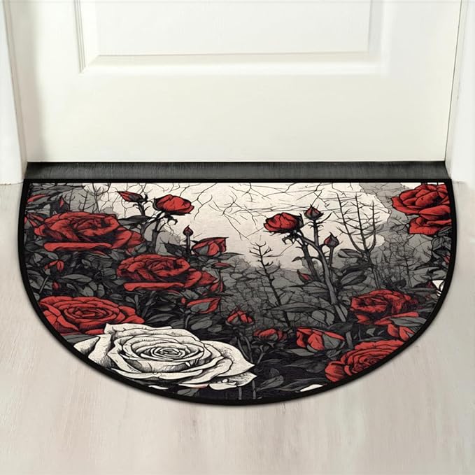 Half Round Door Mat, Vintage Roses Non-Slip Half Circle Area Rug Flowers Art Doormat Washable Durable Home Decor Half Moon Rug for Floor Indoor Outdoor Living Room Bedroom Kitchen Patio - Bloomnest