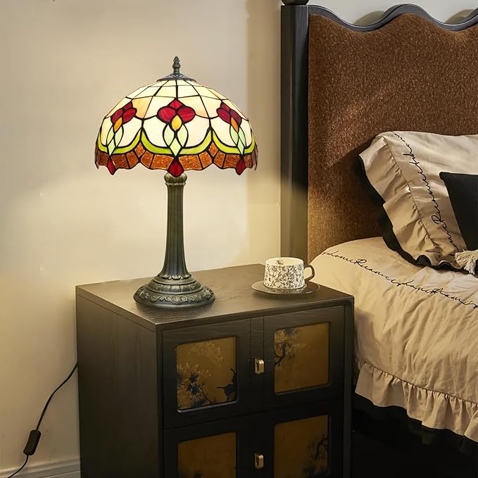 Red Tuilp Tiffany Lamp Stained Glass Table Lamps Antique Vintage Style Bedside Nightstand Nightstand Decor Living Room Bedroom Office Home Retro Bar Hotel 12 Inch Unique Flower Reading Desk Lamps - Bloomnest