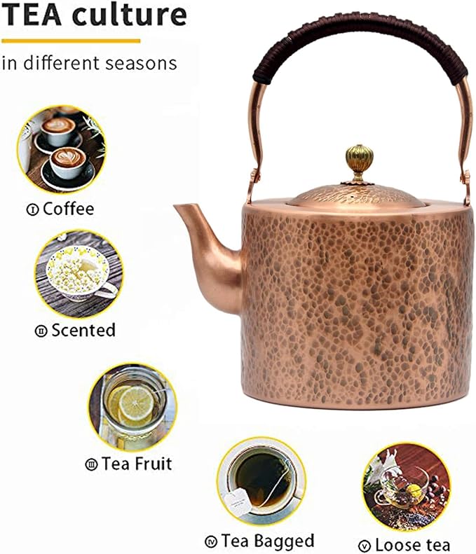 67.6oz Copper Teapot, Tea Kettle For Stovetop Safe, Classic Non-Coating Pure Copper Tea Set with Stainless Steel Tea Ball For Loose Leaf, Large and Solid Tea Pot For 4-6 Cups (2000ml) - Bloomnest