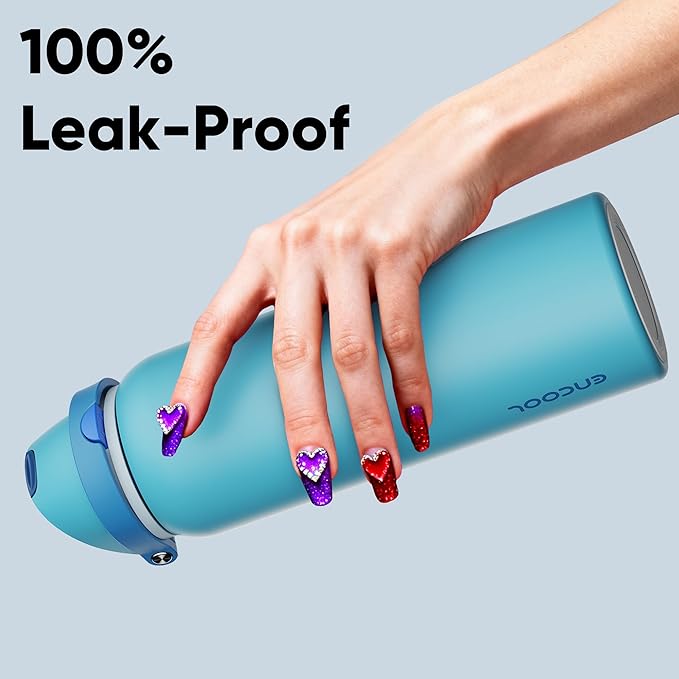 Insulated Water Bottle with Straw - Encool Stainless Steel Water Bottle with Push Button Lid, Leak-Proof & BPA-Free, Keeps Cold for 24 Hours for Sports, Travel, Gym (40 oz, Silk Blue) ENCOOL