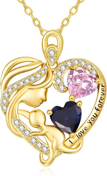 14K Gold Double Birthstone Heart Necklace for Women Mom, Mother Son/Daughter Pendant Necklace for Christmas Mother's Day Birthday Gifts for Wife Daughter Grandmom - Bloomnest