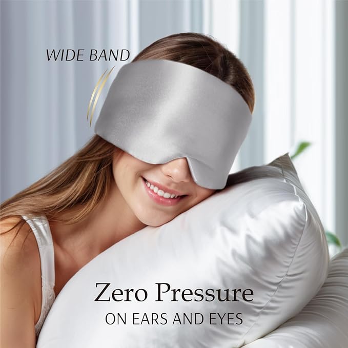 Zenssia 100% Mulberry Silk Sleep Mask Eye Mask for Man and Woman with Adjustable Headband, Full Size Large Sleep Mask & Blindfold for Total Blackout for All Night Sleep, Travel & Nap-Silvergrey - Bloomnest