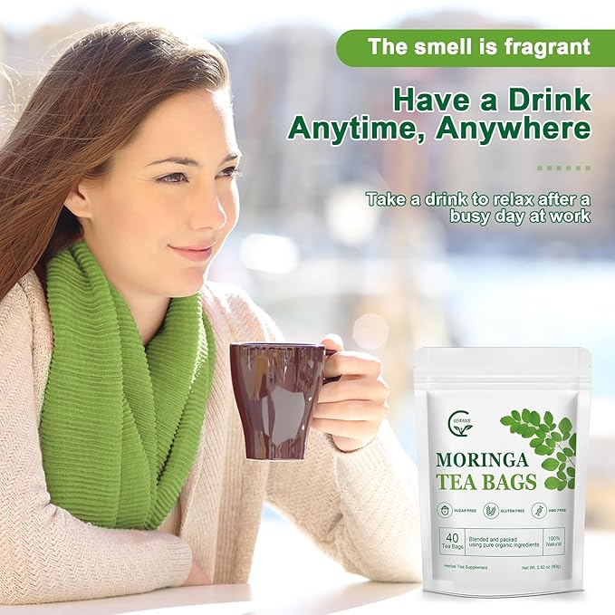 Moringa Tea Bags | 100% Pure Moringa Leaf Tea | Antioxidant-Rich, Caffeine-Free Herbal Tea | Supports Immunity, Energy & Digestion, 40 Count | Gluten-Free, Non-GMO - Bloomnest