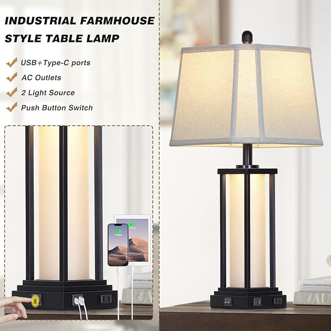 27" Tall Vintage Table Lamp Set of 2 with USB C+A & Outlet,Black Industrial End Table Lamp for Living Room,Farmhouse Rustic Bedside Lamps with Bell Lampshades for Bedroom Nightstand,Black - Bloomnest