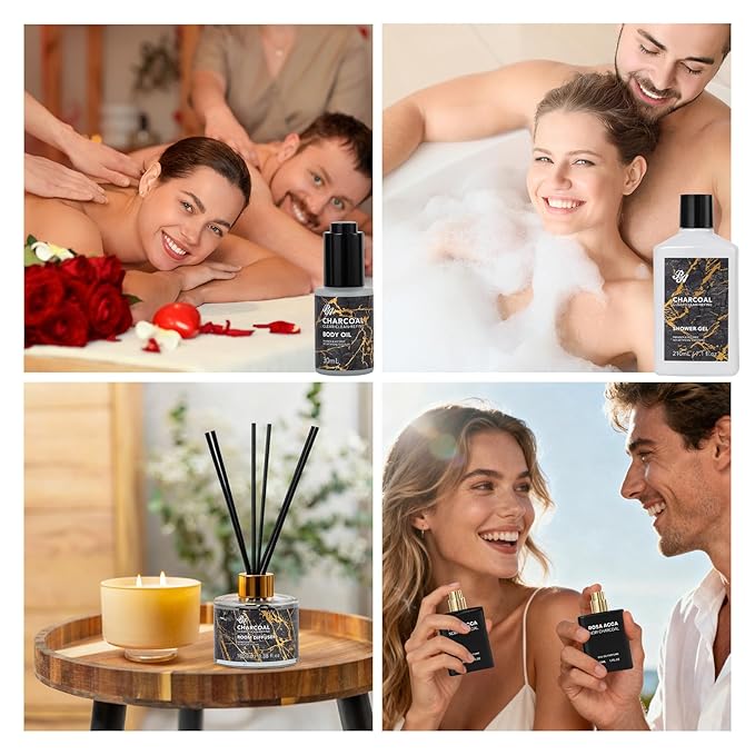35 Pcs Valentines Day Gifts for Women & Men, Charcoal Bath & Body Gift Basket, Face Skin Care Kit, Self-Care Gift, Diffuser, Shower Gel, Massage Oil, Bath Bomb, Birthday, Christmas, Mother, Husband - Bloomnest