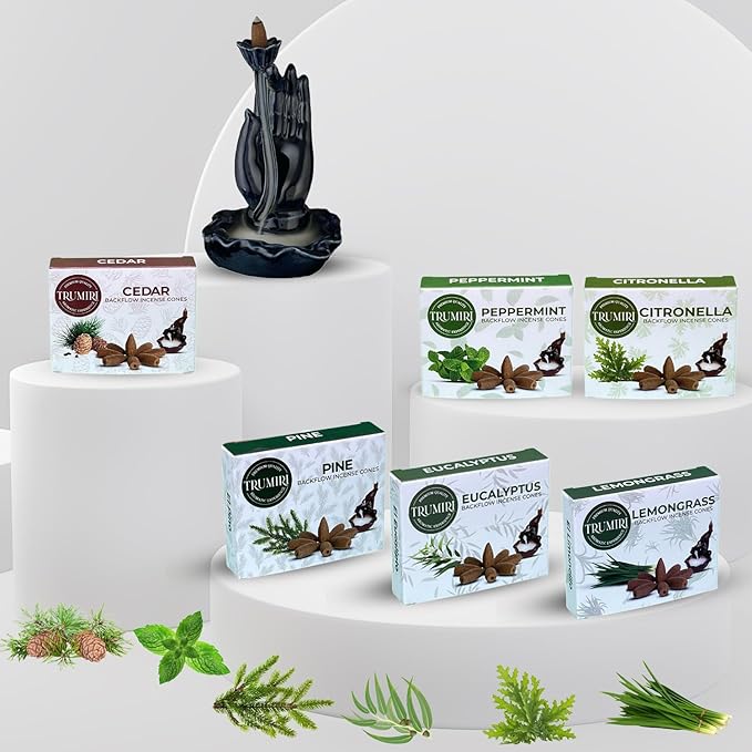 Leafy - Backflow Incense Cones for Waterfall - Scented Inscents-Cones - Peppermint, Citronella, Pine, Cedar, Eucalyptus, Lemongrass - Insiensos Aromaticos - 6x10=60 Large Variety Pack TRUMIRI