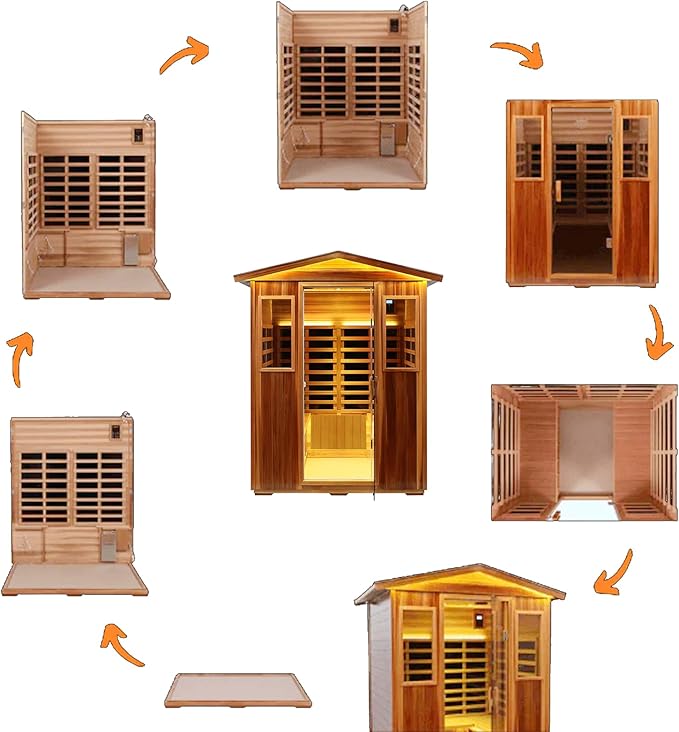 Red Cedar 4 Person Outdoor Ultra-Low EMF（0.5mg） Infrared Sauna, Multi-Person Home Sauna spa, 2160w,12 Heating Panels, LCD Control Panel, Bluetooth Speaker, Chromotherapy Lights, Reading lamp KUNSANA