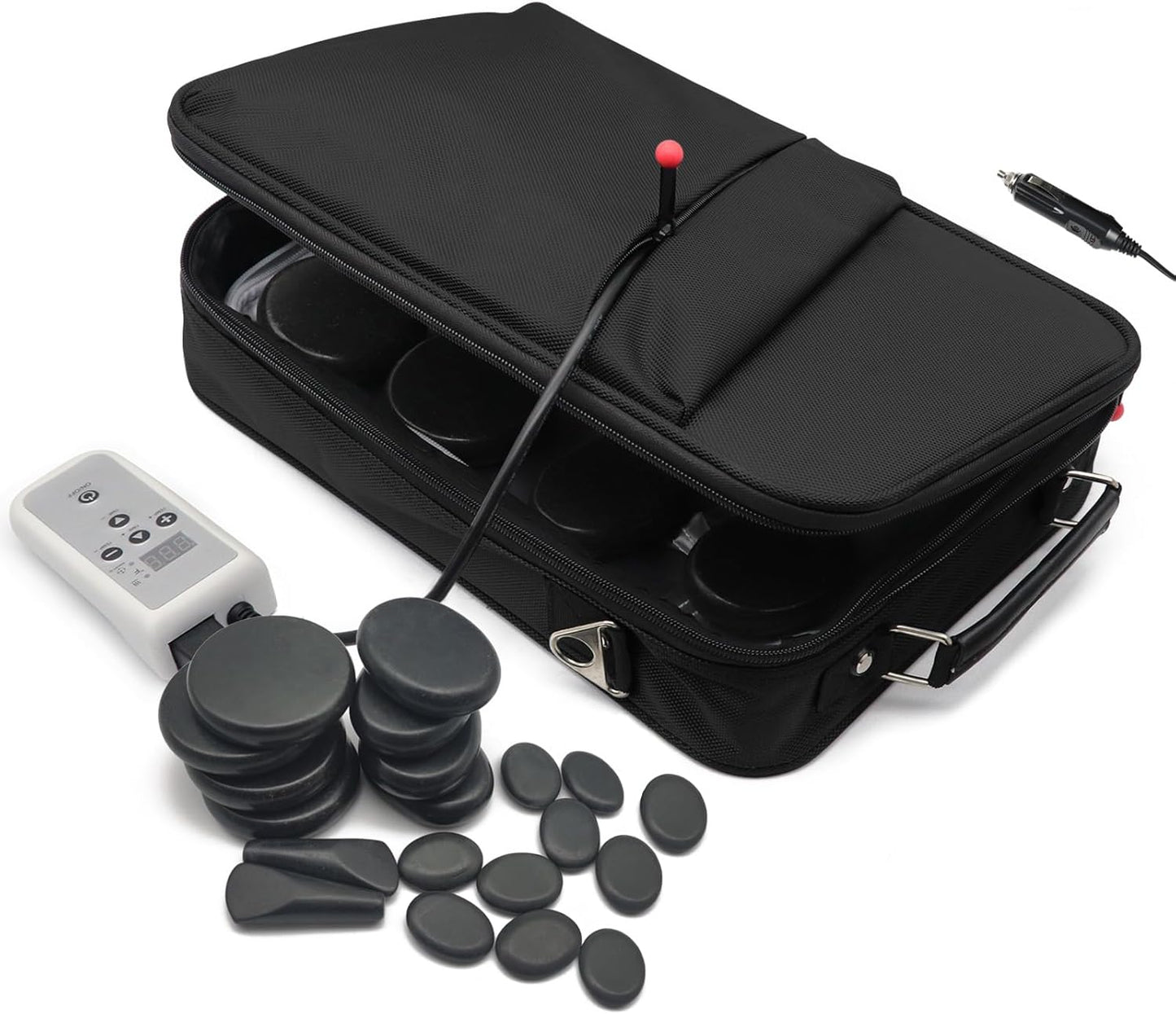 Portable Massage Stone Warmer Set, 20 Pcs Basalt Hot Stones with Heater Kit, Electric Hot Stones Warmer Massager for Professional/Home Spa, Digital Controller Heating Travel Bag (Black)