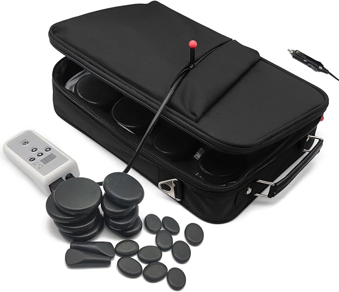 Portable Massage Stone Warmer Set, 20 Pcs Basalt Hot Stones with Heater Kit, Electric Hot Stones Warmer Massager for Professional/Home Spa, Digital Controller Heating Travel Bag (Black) - Bloomnest