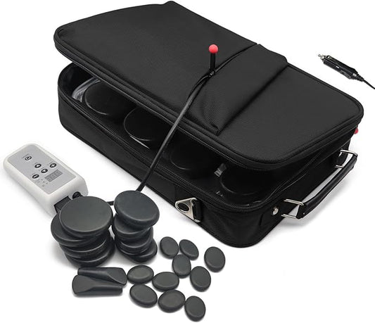 Portable Massage Stone Warmer Set, 20 Pcs Basalt Hot Stones with Heater Kit, Electric Hot Stones Warmer Massager for Professional/Home Spa, Digital Controller Heating Travel Bag (Black) - Bloomnest