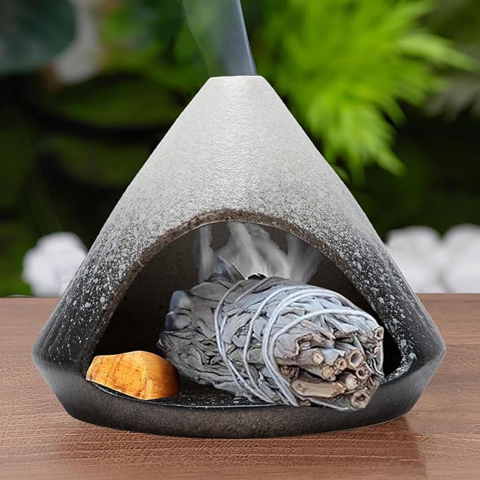 Palo Santo Holder, Mini Ceramic Zongzi Chimenea for Sage/Sticks/Cone, Modern Incense Burner for Yoga, Meditation, Energy Cleansing-Smudge Bowl with Ash Catcher, Anxiety Relief Gift for Women - Bloomnest