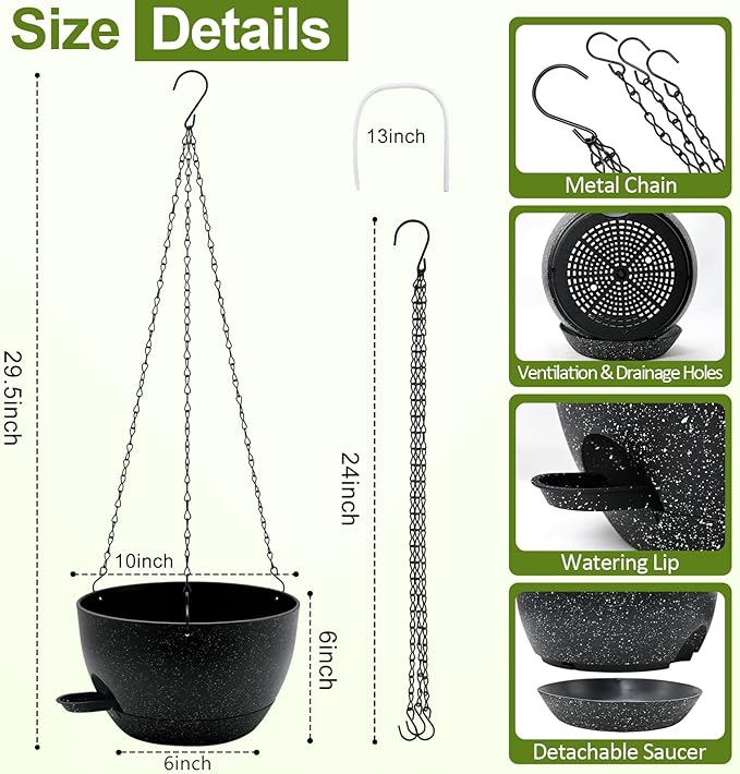 WOUSIWER Self Watering Hanging Planters, 2 Pack 10'' Plastic Pots with Drainage Holes & Reservoir Tray (Speckled Black) | Indoor & Outdoor Use for Ferns, Ivy, Herbs, Succulents - Bloomnest