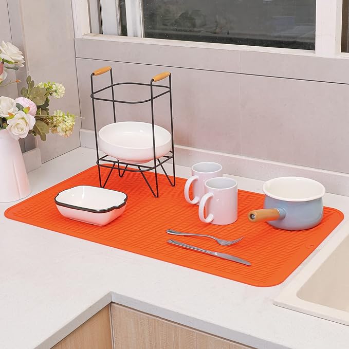 Silicone Dish Drying Mat for Multiple Usage,Easy clean,Eco-friendly,Heat-resistant Silicone Mat for Kitchen Counter or Sink,Refrigerator or Drawer Liner Orange 4XL 32 inches x 18 inches - Bloomnest