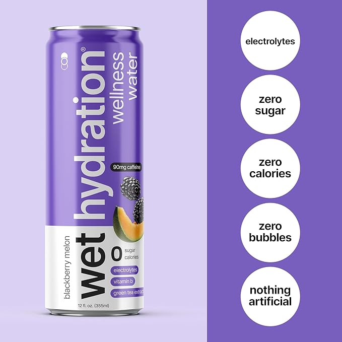 Wet Hydration | Functional Wellness Water, Non-Carbonated - Blackberry Melon (12 Ounce Cans, Pack of 12) - Flavored Water, Hydration Drink, No Sugar, No Artificial Ingredients, Zero Calories (Packaging May Vary) - Bloomnest
