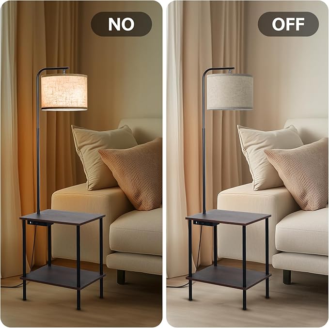 Floor Lamp with Table, End Table Lamp with USB Charging Port Power Outlet and Shelves, Side Table Reading Light with 3 Color Temperature Led Bulb Included, Floor Lamps for Living Room, Walnut - Bloomnest
