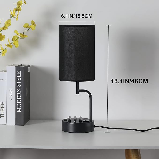 Dreamholder Table Lamp with 3 USB Charging Ports, Modern Desk Lamp with AC Outlet and Phone Stands, Perfect Bedside Lamp for Bedroom, Living Room, Office (Pack of 2), Black - Bloomnest