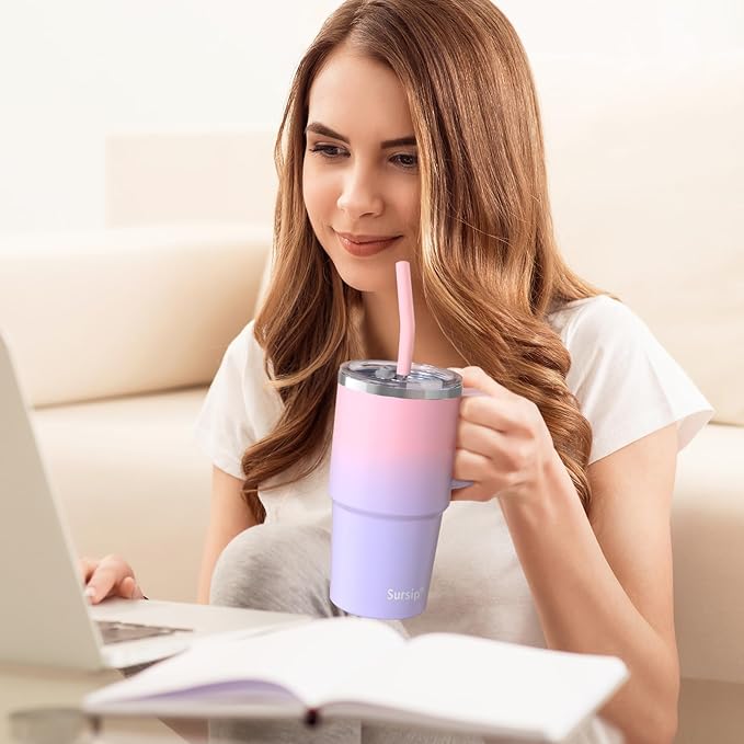 Sursip 24 oz Insulated Cup with Handle, Double Wall Vacuum Stainless Steel Tumbler with Straw and 2 Lids, For Cold/Hot Drinks, Coffee Travel Mug for Car/Home/Office/Party/Camping (Pink＆Purple-1 Pack) - Bloomnest