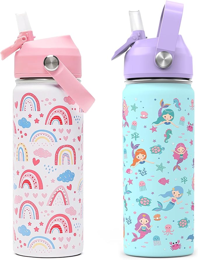 18oz Kids Insulated Water Bottle with Straw Lid - 18/8 Stainless Steel Kid Cup Travel Tumbler Double Wall Vacuum Leak Proof Portable Toddler Water Bottle (Rainbow + Mermaid) - Bloomnest