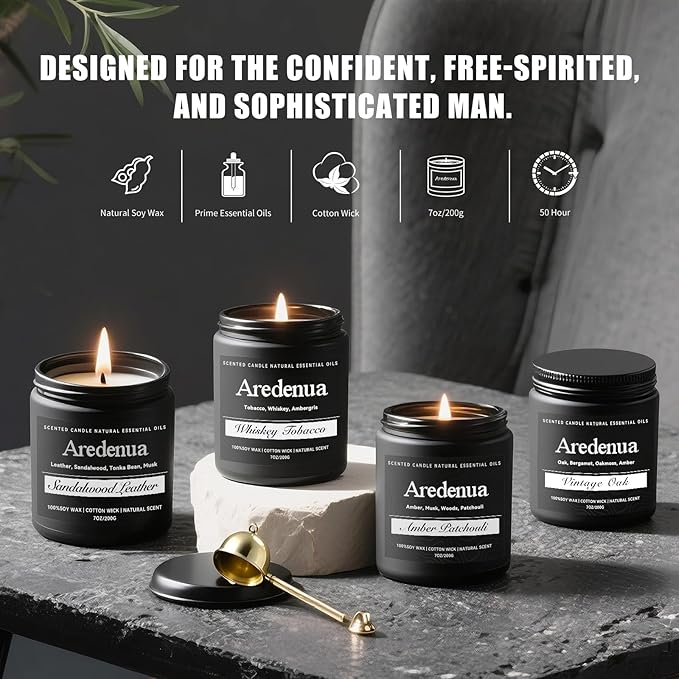 Mens Candle Set – Manly Candles for Men, 4 Pack Soy Candles for Home Scented, Masculine Candle Gift Set - Includes Sandalwood Leather, Whiskey Tobacco, Amber Patchouli & Vintage Oak - Bloomnest