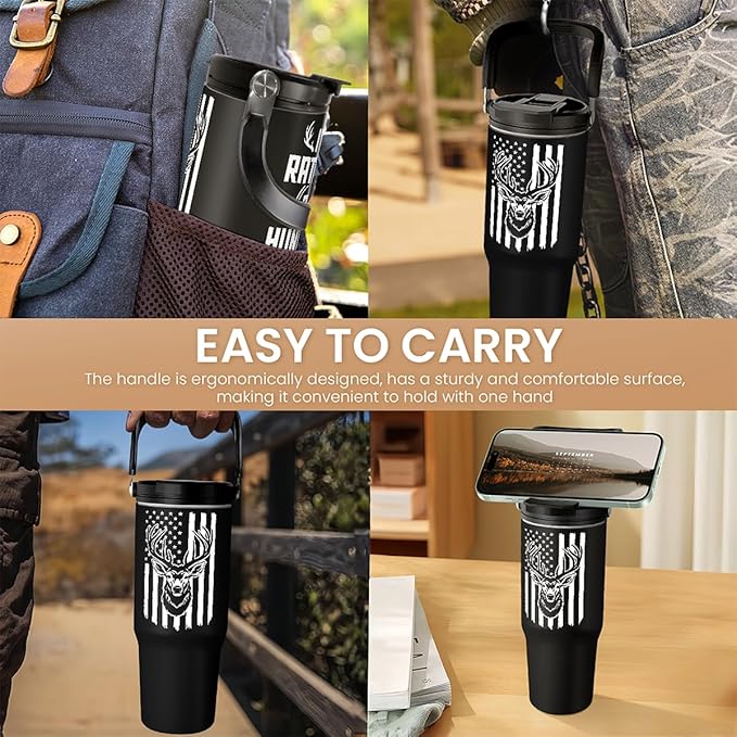 SANDJEST Hunting Gift for Men, Deer Hunting Tumbler with Handle, 30oz Flip Straw Stainless Steel Insulated Coffee Travel Cup, Gifts for Hunter Dad Grandpa on Birthday Christmas Fathers Day - Bloomnest